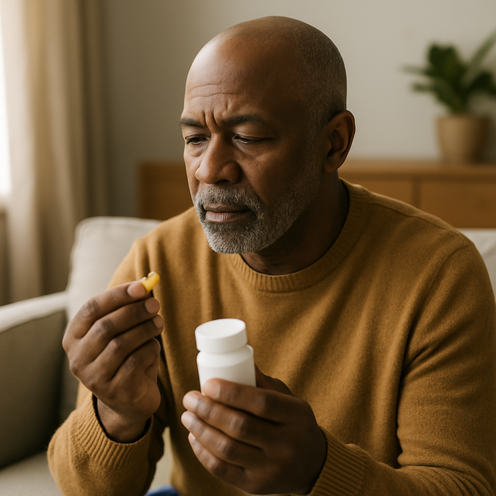 A pharmacist explaining tadalafil for BPH and ED to a male patient holding a prescription bottle.