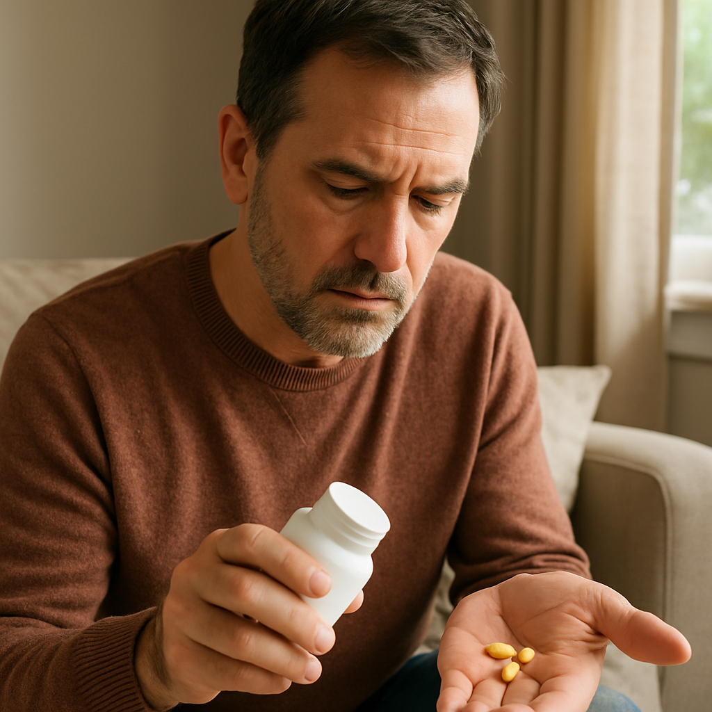 Man reviewing tadalafil side effects information with a pharmacist at a pharmacy counter.