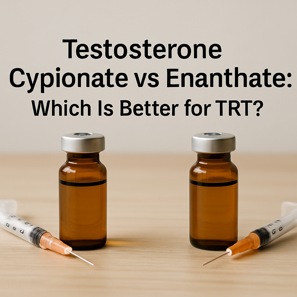 Two labeled vials illustrating testosterone cypionate vs enanthate for TRT injections.