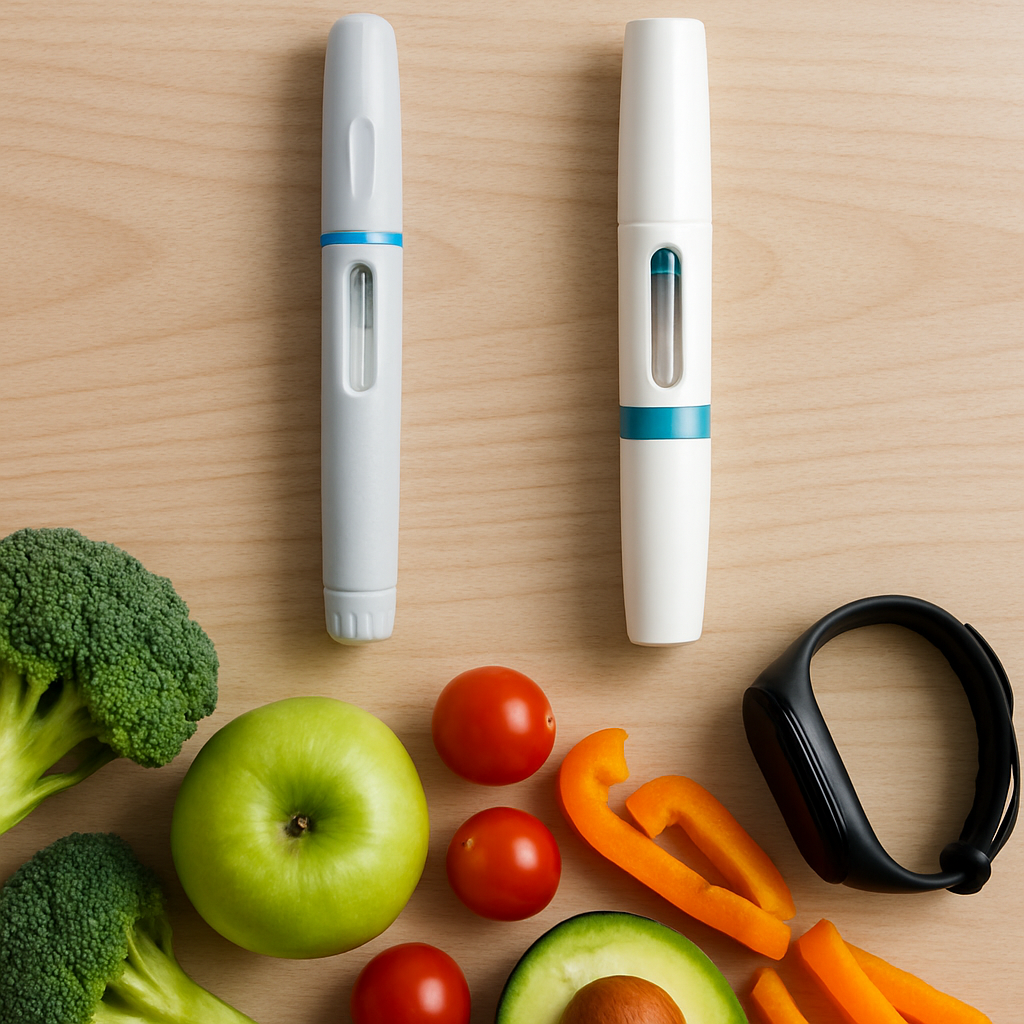 Two injection pens side by side illustrating tirzepatide vs semaglutide for weight loss comparison.