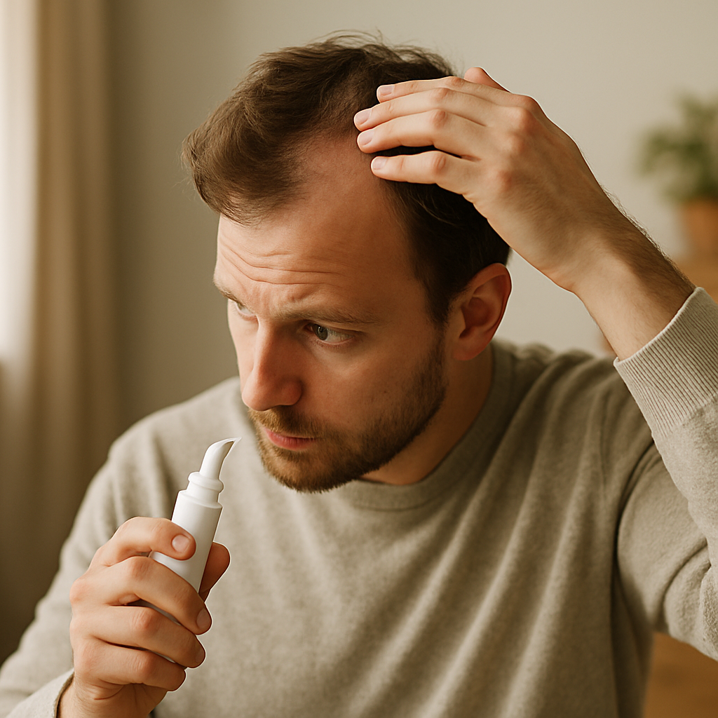 Man applying a scalp spray while inspecting his thinning hair, indoors.