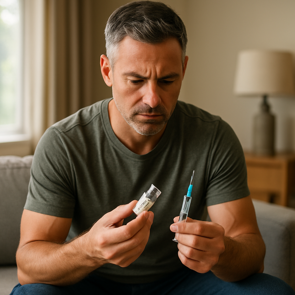 Man seated on a couch, preparing a syringe and medicine vial for a self-injection at home.